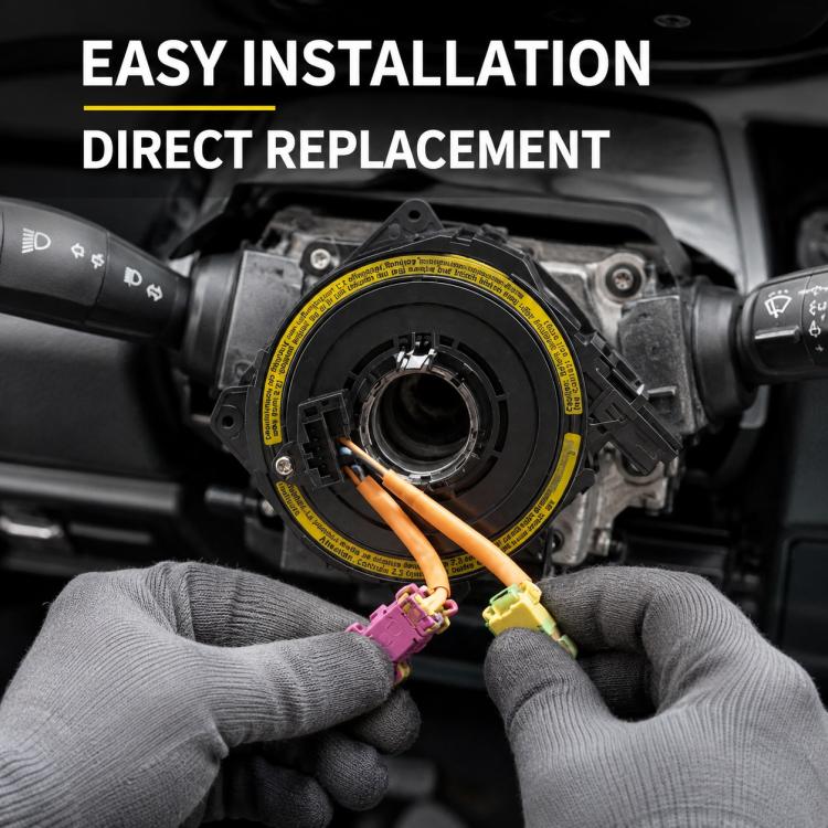 Car steering wheel clock spring spiral cable held by gloved hands near steering column