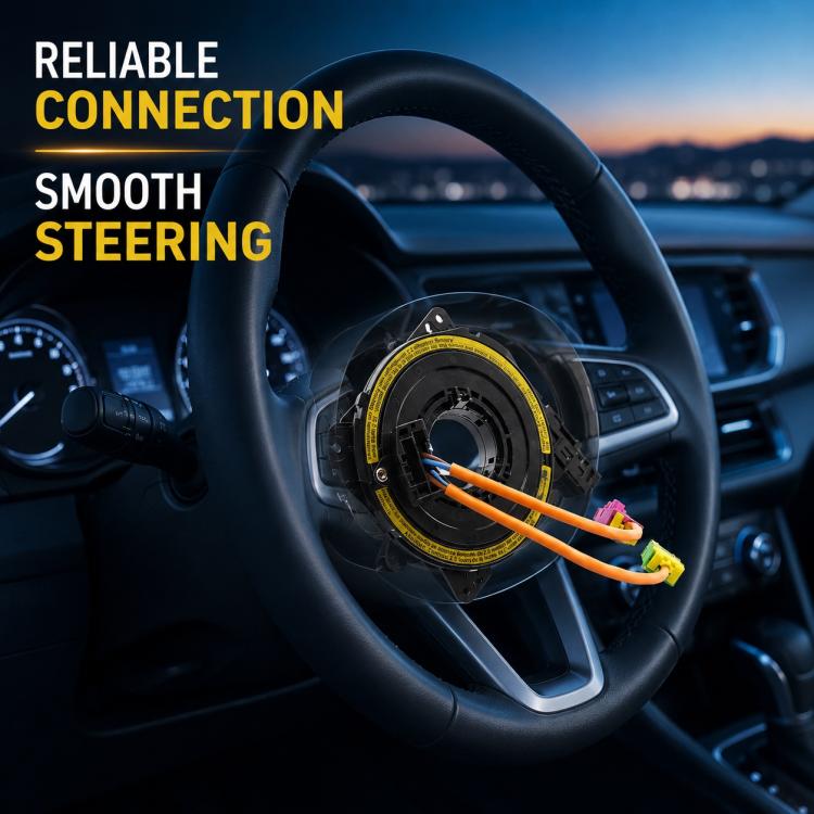 Car steering wheel clock spring spiral cable visible in steering wheel center