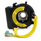 Clock spring spiral cable assembly with black housing, yellow harness, and connector plugs