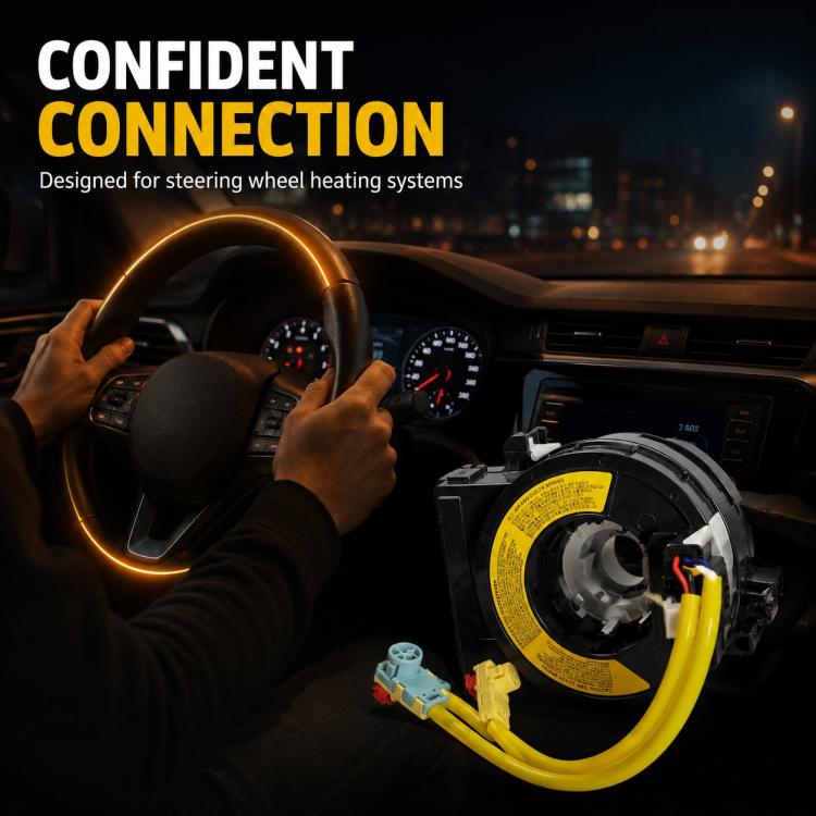 Clock spring spiral cable with yellow wiring shown near a steering wheel and dashboard