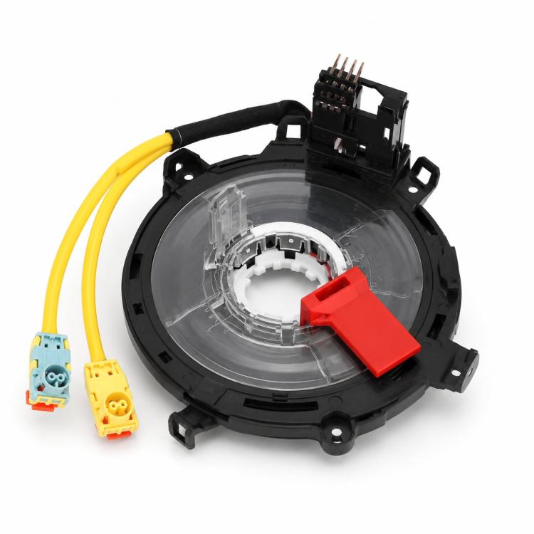 Clock spring spiral cable with yellow leads, red connector, and multi-pin wiring plug
