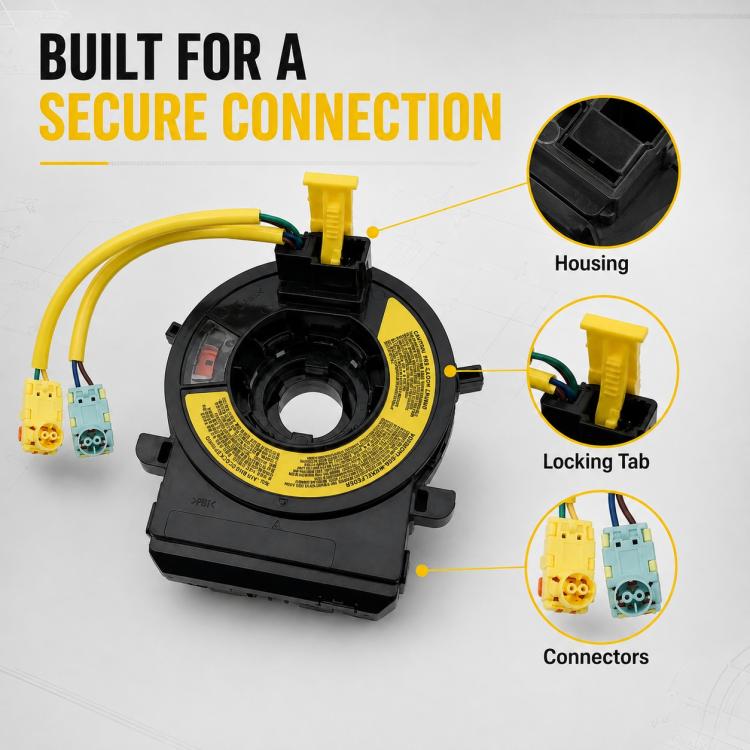 Steering wheel clock spring spiral cable with black housing, yellow leads, and two connectors
