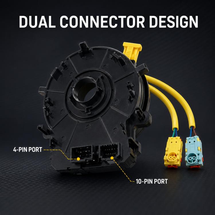 Steering wheel clock spring spiral cable, black housing with yellow wires and dual connectors