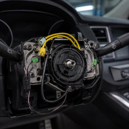 Steering wheel clock spring spiral cable with yellow wiring and green connector clips