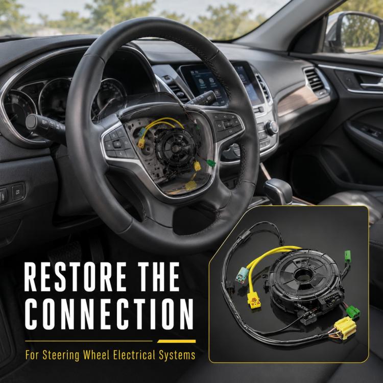 Steering wheel clock spring spiral cable shown with yellow and green electrical connectors