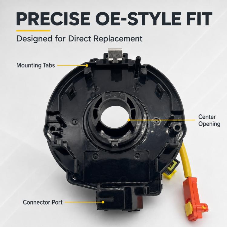 Steering wheel airbag clock spring spiral cable, rear view with center opening and connector port