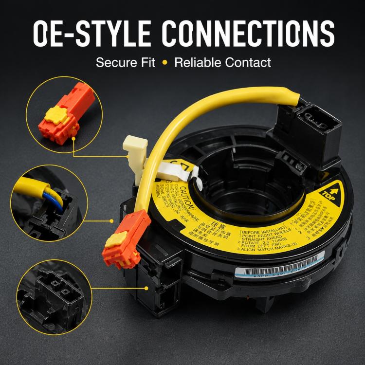 Steering wheel airbag clock spring spiral cable, black housing with yellow wire and orange connectors