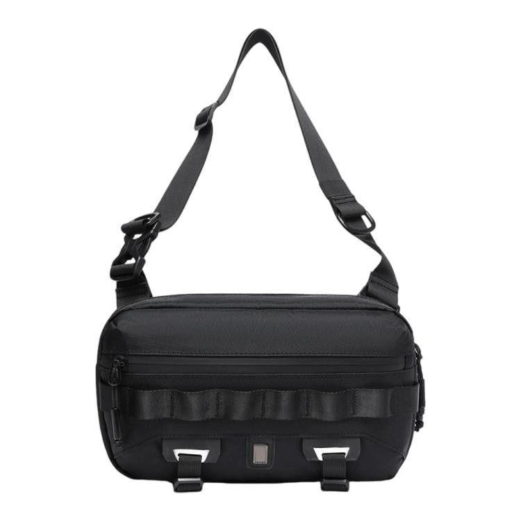 Black crossbody sling bag with adjustable shoulder strap and front organizer panel.
