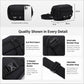 Black crossbody bag with dual zippers, detachable strap, and quick-release buckle.