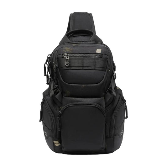 Black multifunction sling chest bag with front zip pocket, reinforced panels, and adjustable strap.