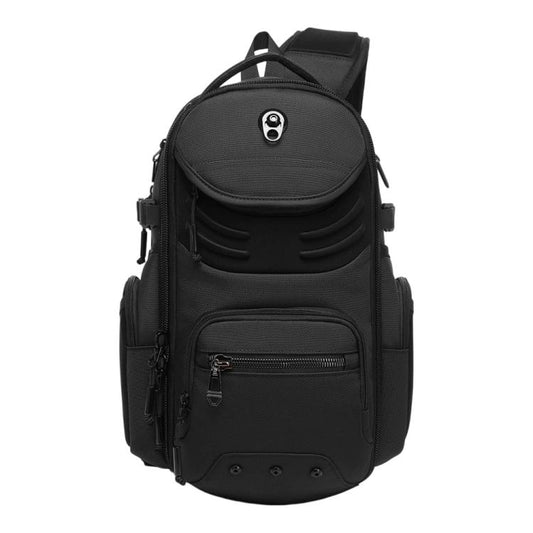 Black men's large utility chest sling bag with front zip pocket and top carry strap.
