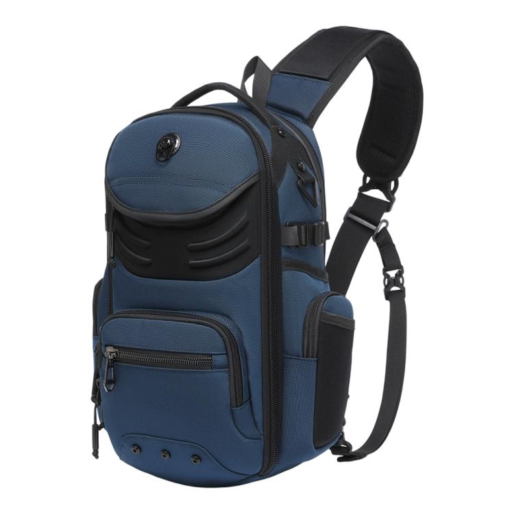 Blue men's large utility chest sling bag with front zip pocket and adjustable shoulder strap.