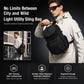 Black men's utility sling chest bag with front flap and adjustable shoulder strap.