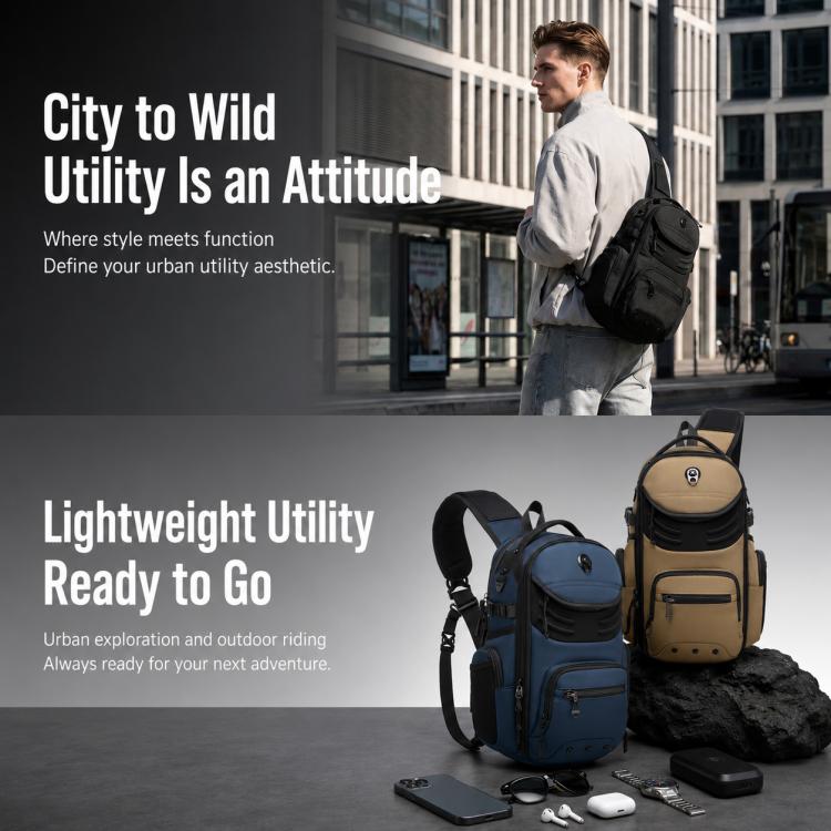 Blue and tan men's utility sling chest bags with front zip pockets and adjustable straps.
