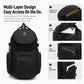 Black multi-layer chest bag with front zip pocket, side zip pocket, and open compartments.