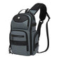 Grey crossbody chest bag with adjustable strap and front zip organizer compartments.