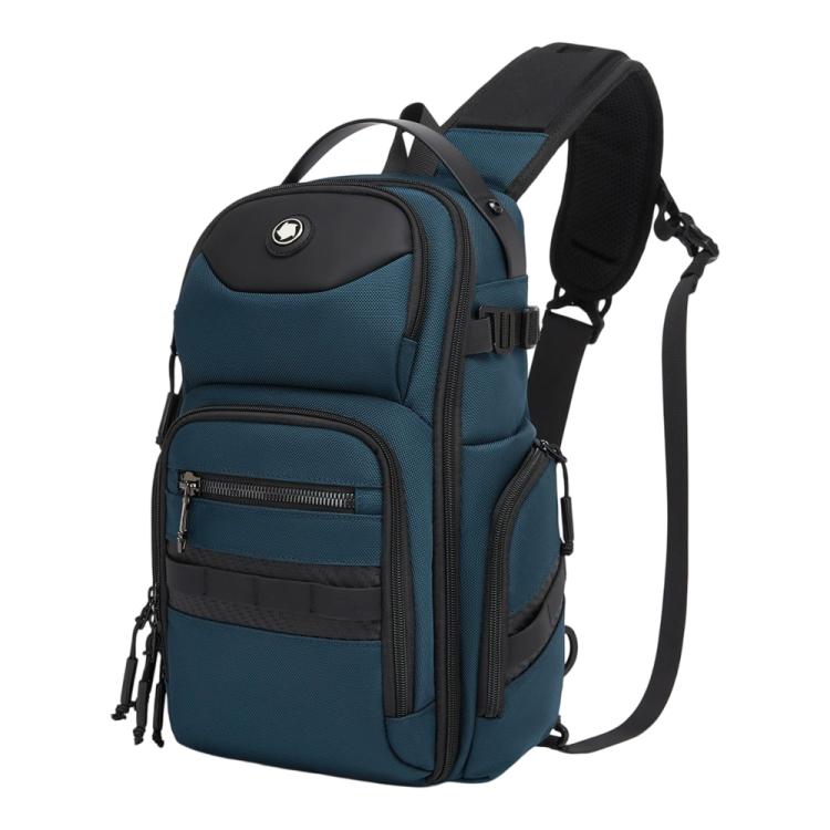 Blue crossbody chest bag with adjustable strap and front zippered pockets.