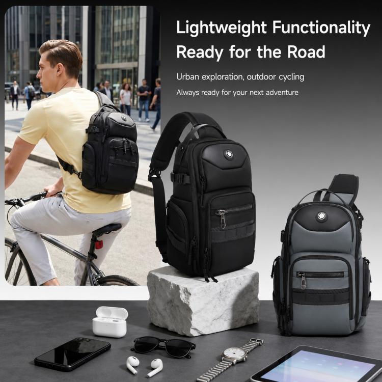 Black and grey crossbody chest bags displayed with adjustable shoulder straps.
