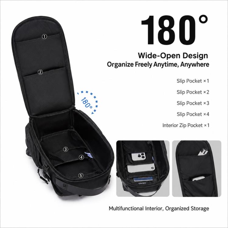 Black crossbody chest bag with wide-open top showing interior slip pockets.
