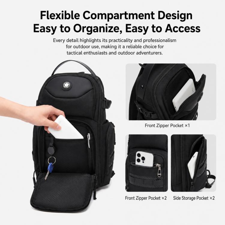 Black crossbody chest bag close-up with front zipper pocket and interior compartments.