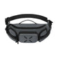 Grey waterproof waist bag with front zip pocket, side compartments, and adjustable strap.