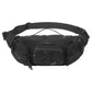 Black waterproof waist bag with textured front panel, side zip pockets, and adjustable strap.