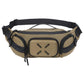 Brown waterproof waist bag with front zip pocket, side compartments, and adjustable strap.