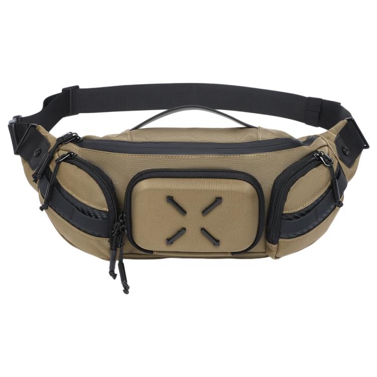 Brown waterproof waist bag with front zip pocket, side compartments, and adjustable strap.