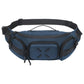 Blue waterproof waist bag with front zip pocket, side compartments, and adjustable strap.