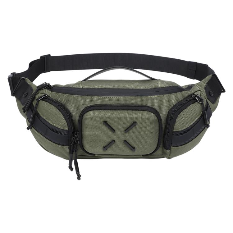 Green waterproof waist bag with front zip pocket, side compartments, and adjustable strap.