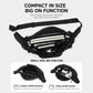 Black waist bag shown open, revealing front compartments and zipper pockets.