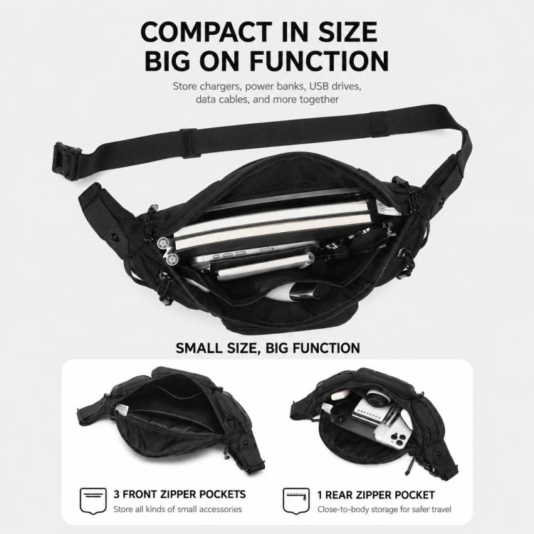 Black waist bag shown open, revealing front compartments and zipper pockets.