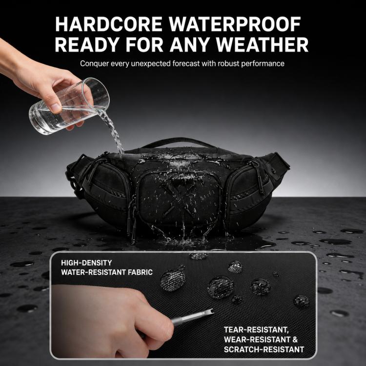 Black waterproof waist bag with water droplets on the front fabric and zipper area.