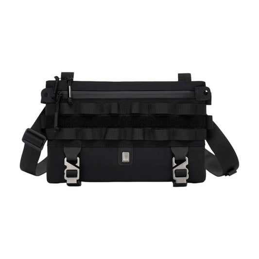 Black multifunctional outdoor shoulder bag with front buckle straps and adjustable shoulder pad
