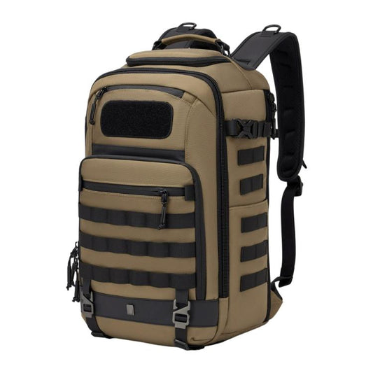 Khaki waterproof hiking backpack with front organizer panel and padded shoulder straps