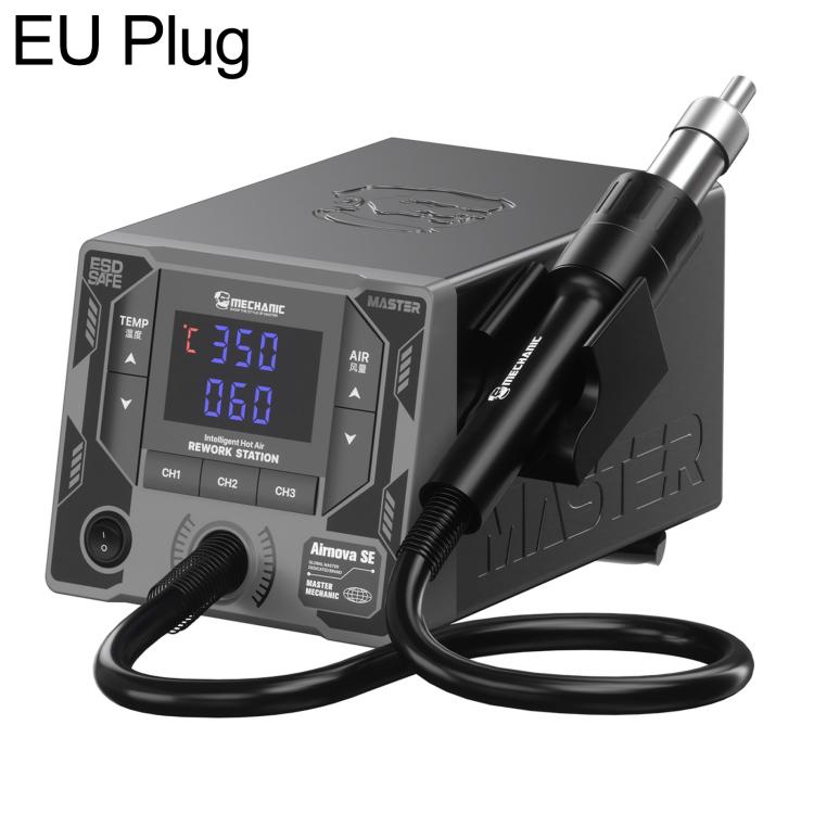 Hot air rework station with black unit, nozzle, and EU plug power cable