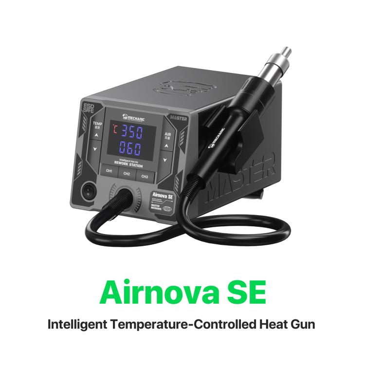 Hot air rework station, black body with display and attached soldering nozzle