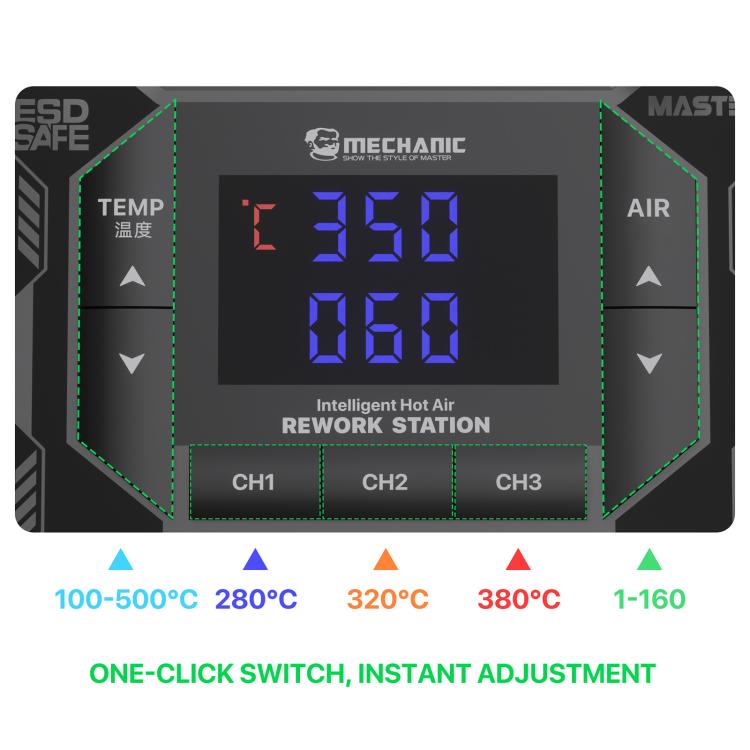 Digital hot air rework station control panel with temperature screen and CH1-CH3 buttons