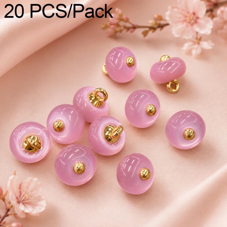 Pink resin disc buttons with gold loops, glossy finish, small round design