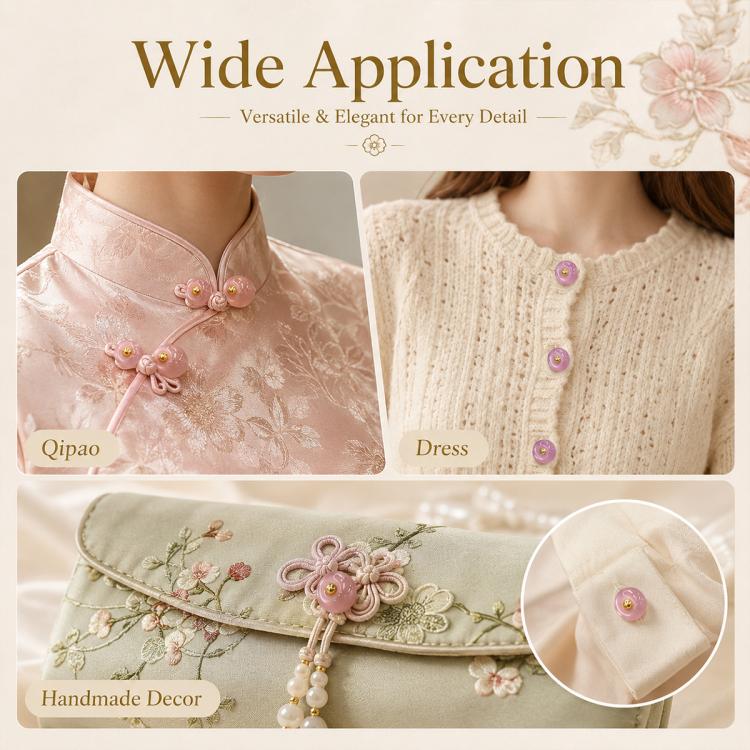 Decorative resin disc buttons with gold loops on a light-colored garment detail