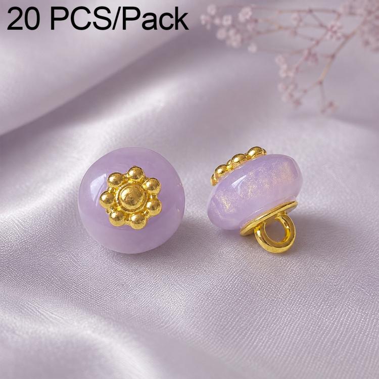 Lavender resin floral shank button with gold flower top and gold loop shank