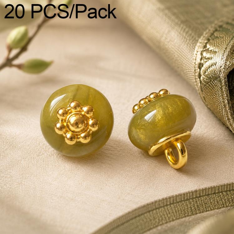 Golden green resin floral shank button with gold flower top and gold loop shank