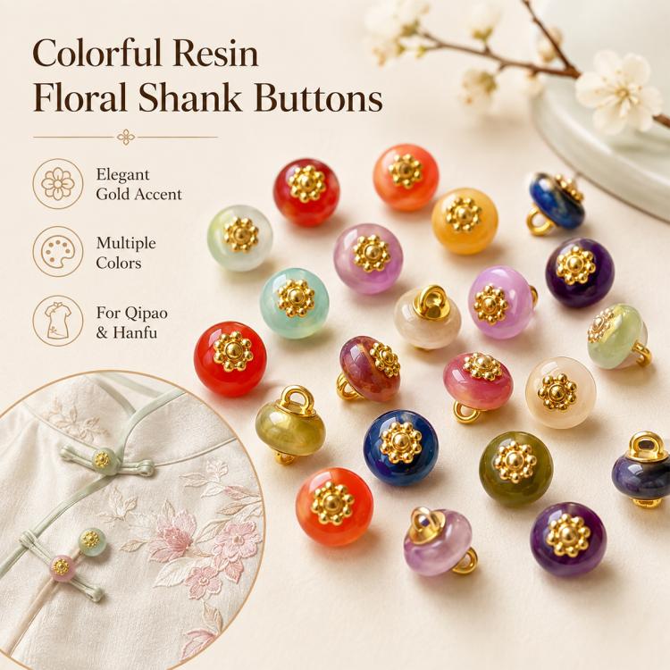 Colorful resin floral shank buttons set with gold flower tops, multiple colors shown