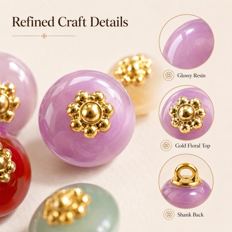 Purple glossy resin floral shank button with gold flower top and round gold center