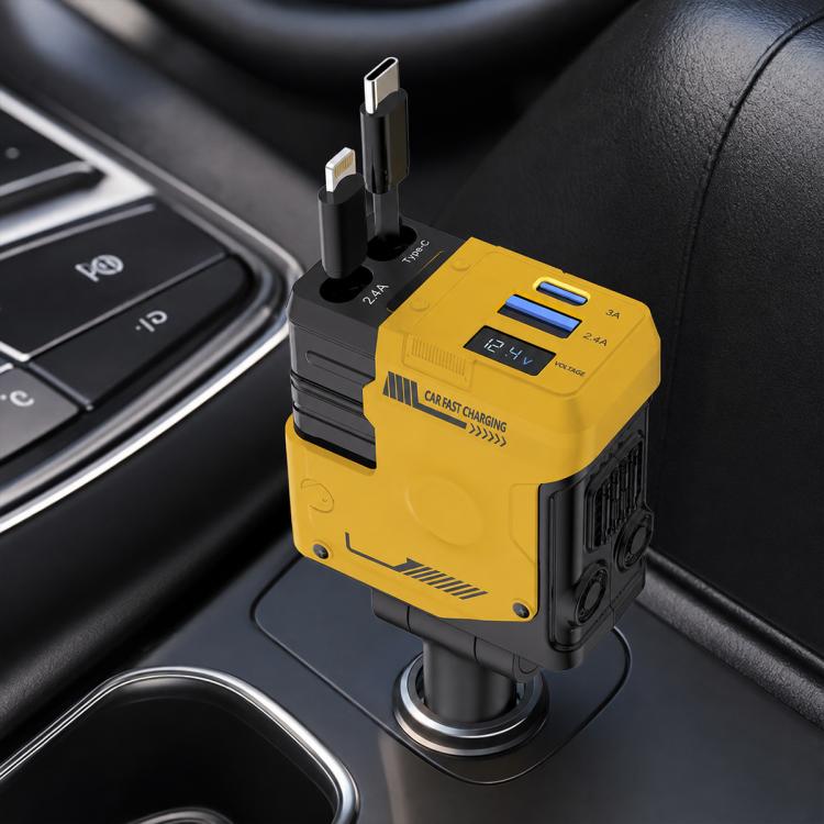 Yellow dual-port car fast charger with retractable Type-C and 8-pin cables