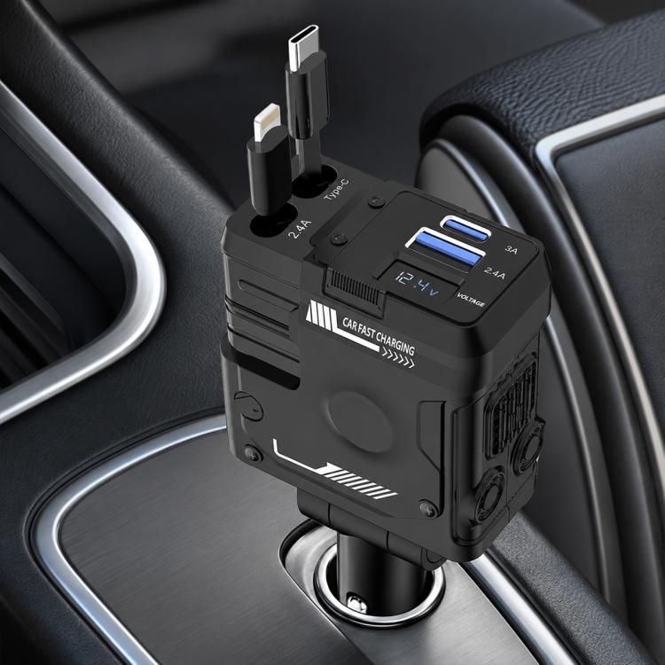 Black dual-port car fast charger with retractable Type-C and 8-pin cables