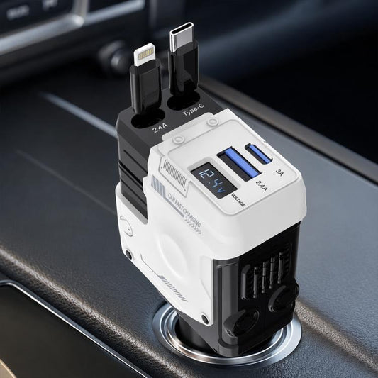 Type-C, USB-A Dual Port Mecha Style Car Charger with Type-C and 8 Pin Retractable Cable
