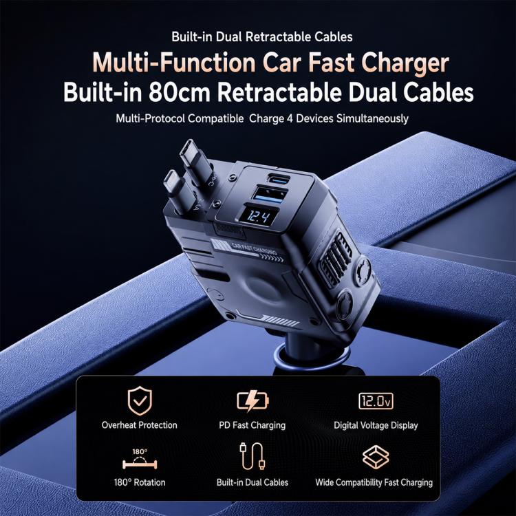Black multi-port car fast charger with built-in retractable dual charging cables