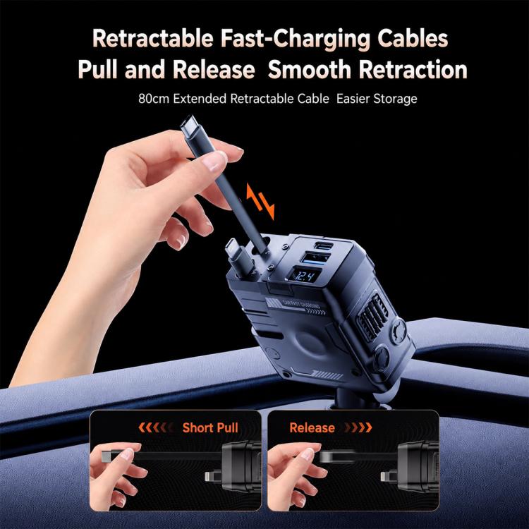 Black retractable car fast charger with dual charging cables pulled by hand