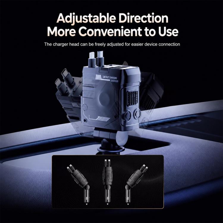 Black car fast charger with adjustable head and retractable dual cables
